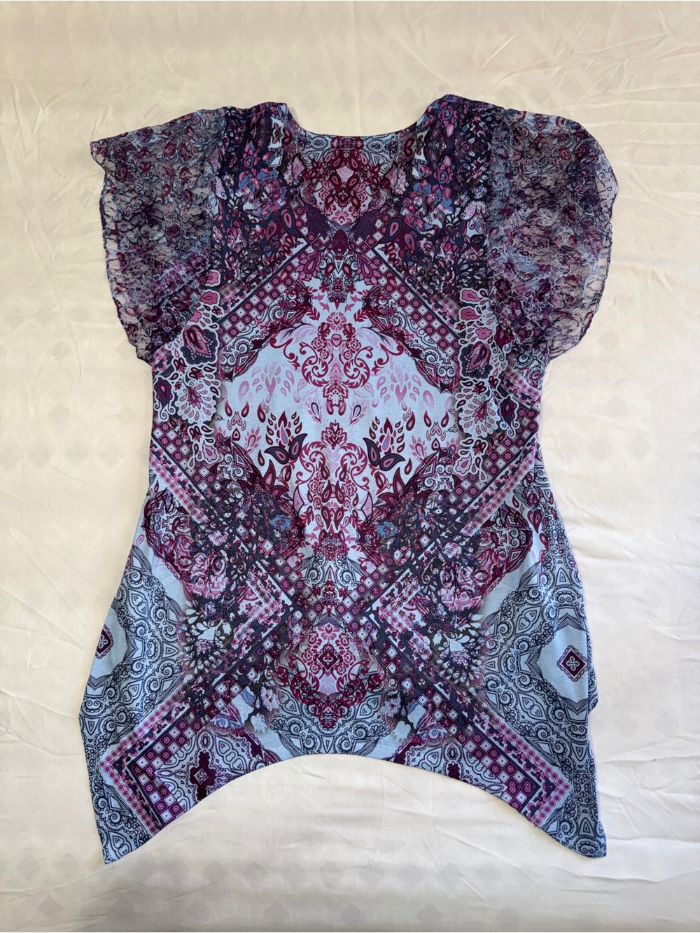 Printed Short Sleeve Tunic Top - Blue Purple - Picture 12 of 12